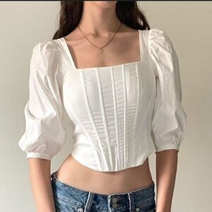 Jason Wu White Corset Puff Sleeve Crop Blouse